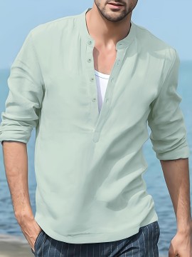 Men's Band Collar Long Sleeve V Neck Henley Shirt - Casual and Comfortable Men's Streetwear