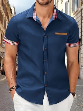 Checkered Men's Short Sleeve Button Down Shirt With Fake Chest Pocket, Summer Outdoor Men's Leisurewear