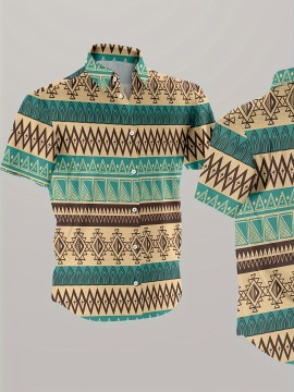 Men's Ethnic Style Geometric Pattern Casual Shirt, Button Front Short Sleeve Top, Men's Clothes For Daily Wear/Party