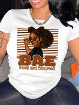 Cartoon Character & Letter Print T-Shirt, Casual Short Sleeve Top For Spring & Summer, Women's Clothing