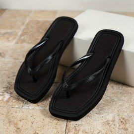 Women's Solid Color Flip Flops, Slip On Square Toe Non-slip Flat Lightweight Minimalist Slides, Outdoor Beach Comfy Shoes