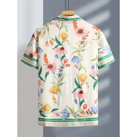 3D Flower Pattern Print Men's Short Sleeve Button Up Lapel Shirt For Summer Holiday Resort, Hawaiian Style Shirt