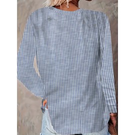 Striped Print Crew Neck T-shirt, Casual Long Sleeve T-shirt For Spring & Fall, Women's Clothing