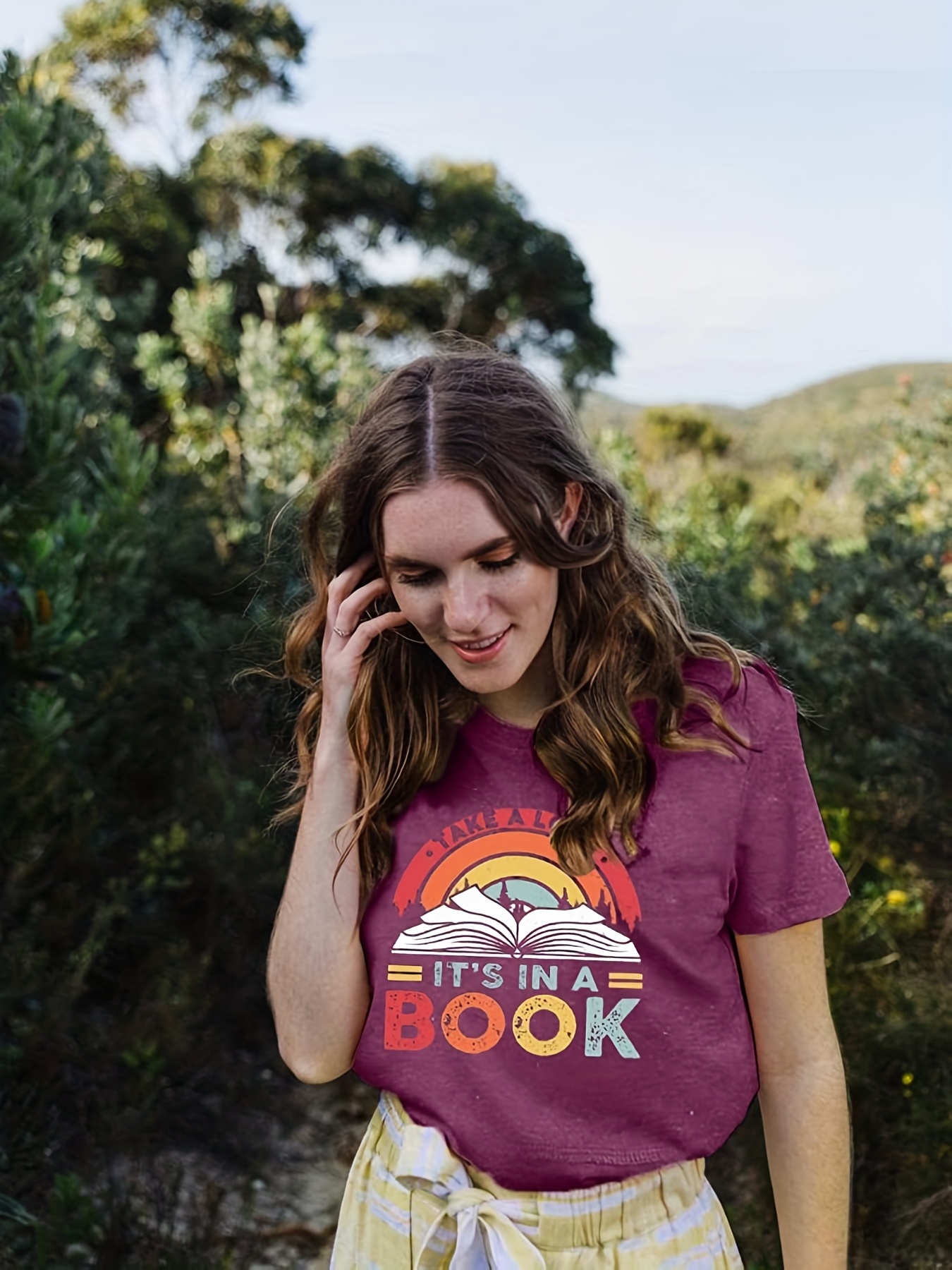 colorful letter book print t shirt short sleeve crew neck casual top for spring summer womens clothing details 9